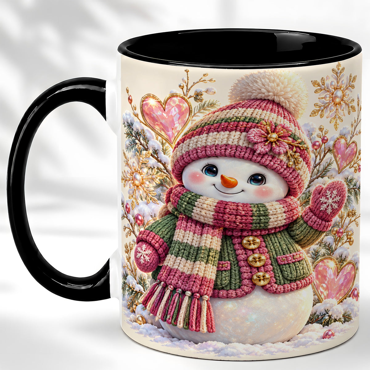 #pl[11oz|Black] Knitted Snowman Coffee Mug, Winter Heart Mug, Ceramic Cup