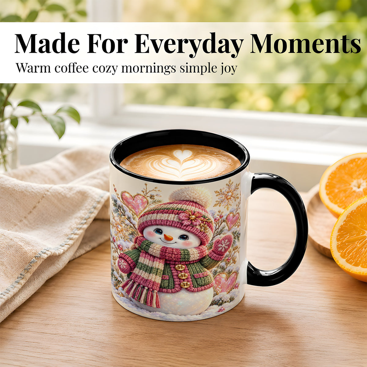 #pl[11oz|Black] Knitted Snowman Coffee Mug, Winter Heart Mug, Ceramic Cup