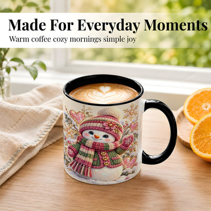 #pl[11oz|Black] Knitted Snowman Coffee Mug, Winter Heart Mug, Ceramic Cup