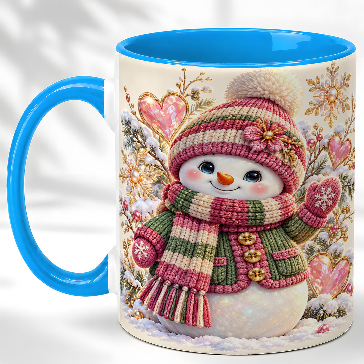 #pl[11oz|Blue] Knitted Snowman Coffee Mug, Winter Heart Mug, Ceramic Cup