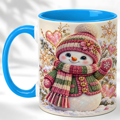 #pl[11oz|Blue] Knitted Snowman Coffee Mug, Winter Heart Mug, Ceramic Cup