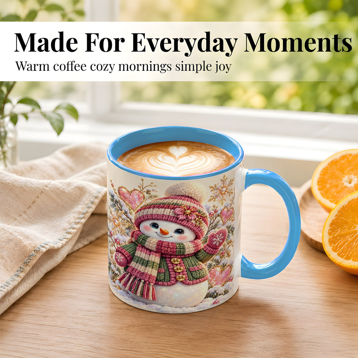 #pl[11oz|Blue] Knitted Snowman Coffee Mug, Winter Heart Mug, Ceramic Cup