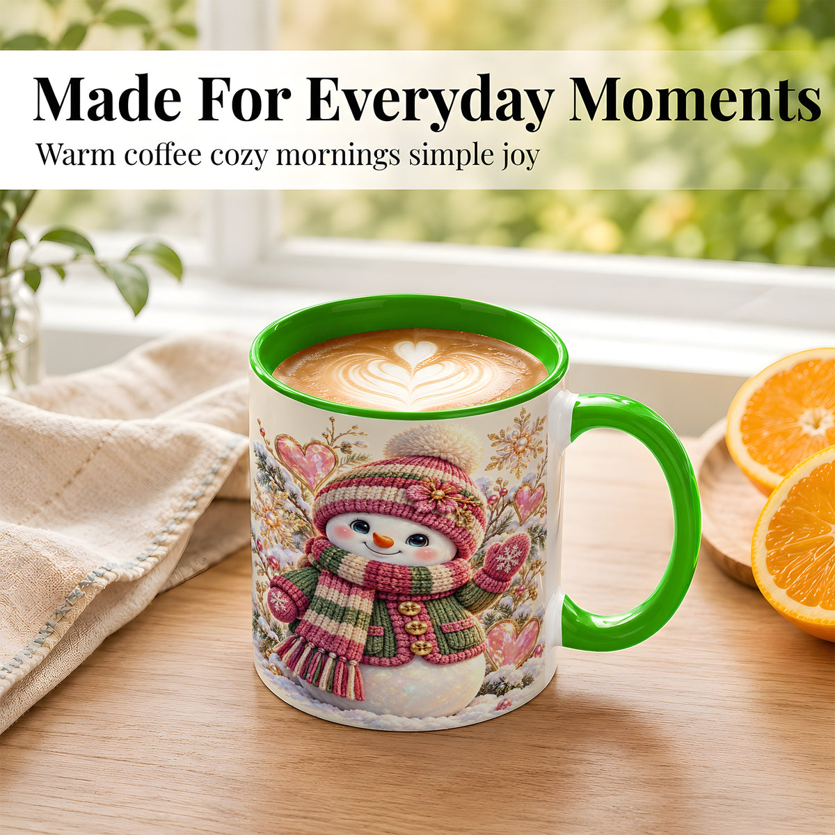 #pl[11oz|Green] Knitted Snowman Coffee Mug, Winter Heart Mug, Ceramic Cup