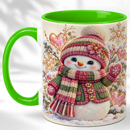 #pl[11oz|Green] Knitted Snowman Coffee Mug, Winter Heart Mug, Ceramic Cup