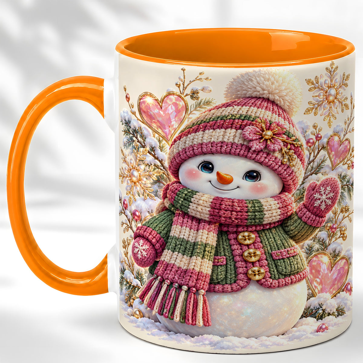 #pl[11oz|Orange] Knitted Snowman Coffee Mug, Winter Heart Mug, Ceramic Cup