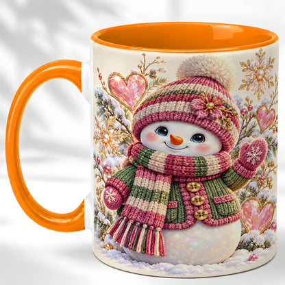 #pl[11oz|Orange] Knitted Snowman Coffee Mug, Winter Heart Mug, Ceramic Cup