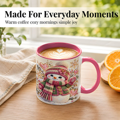 #pl[11oz|Pink] Knitted Snowman Coffee Mug, Winter Heart Mug, Ceramic Cup