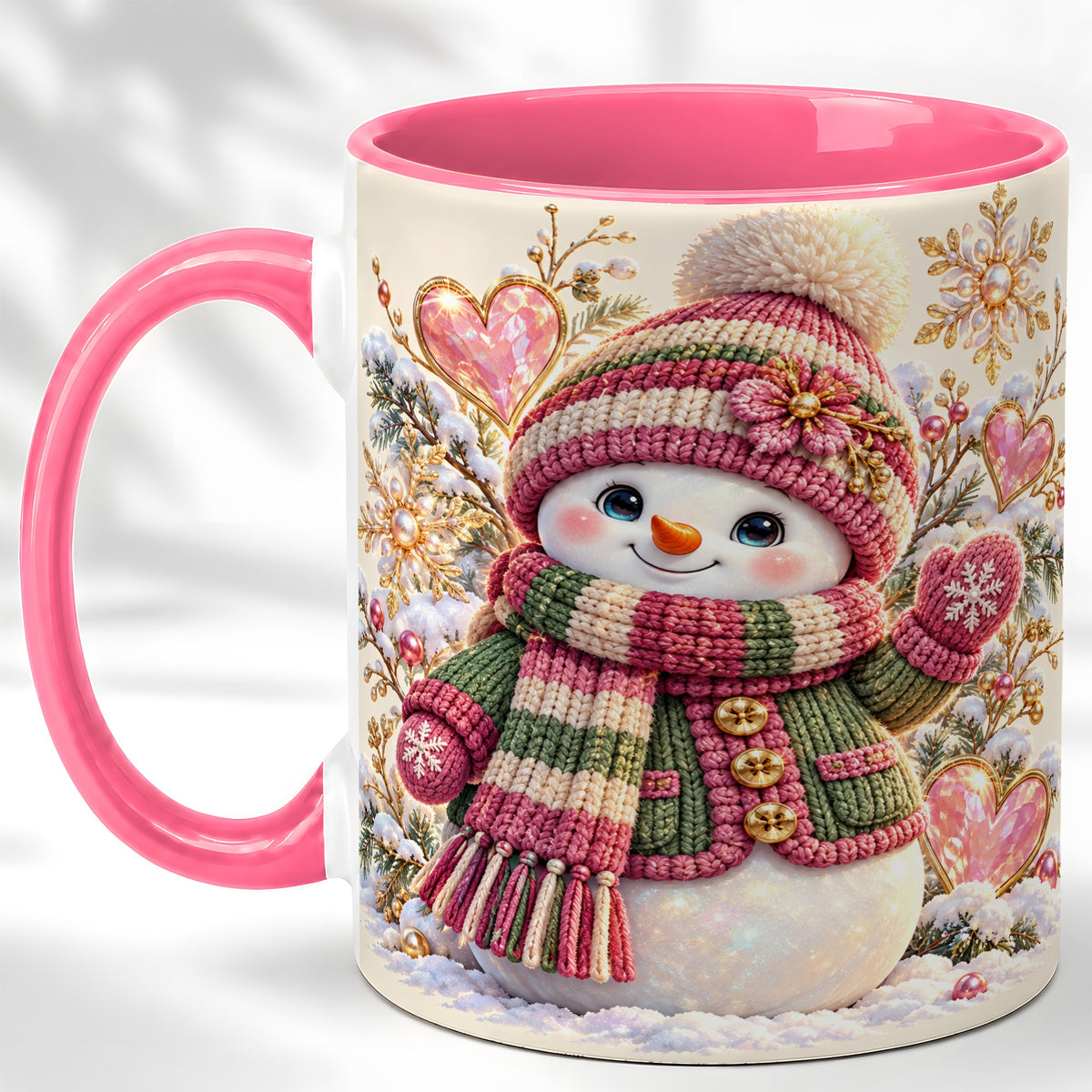 #pl[11oz|Pink] Knitted Snowman Coffee Mug, Winter Heart Mug, Ceramic Cup