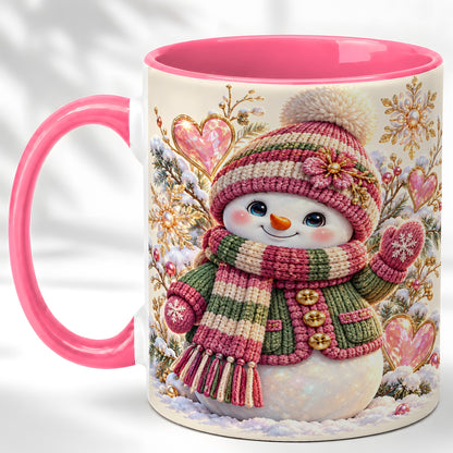 #pl[11oz|Pink] Knitted Snowman Coffee Mug, Winter Heart Mug, Ceramic Cup