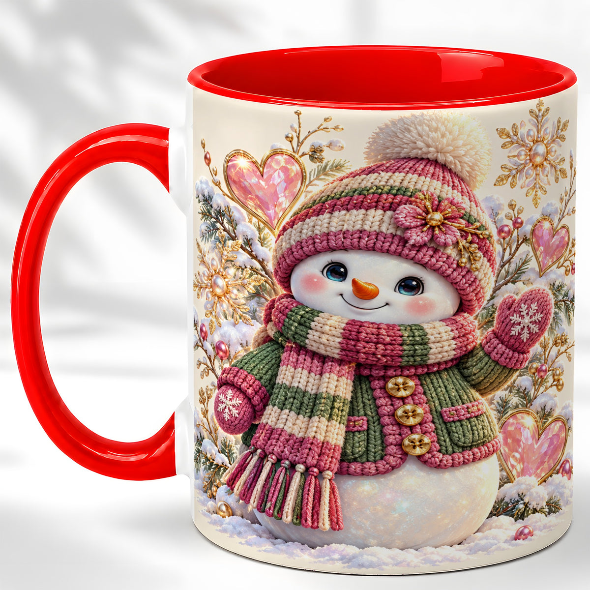 Knitted Snowman Coffee Mug, Winter Heart Mug, Ceramic Cup