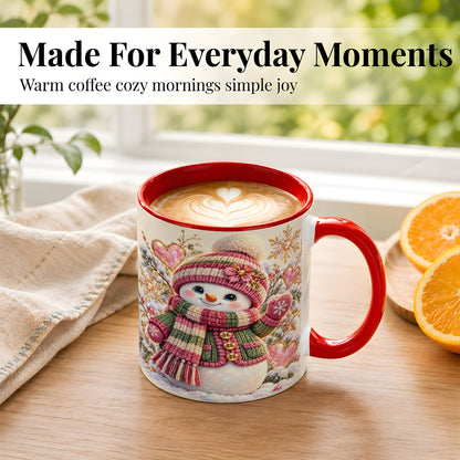 #pl[11oz|Red] Knitted Snowman Coffee Mug, Winter Heart Mug, Ceramic Cup