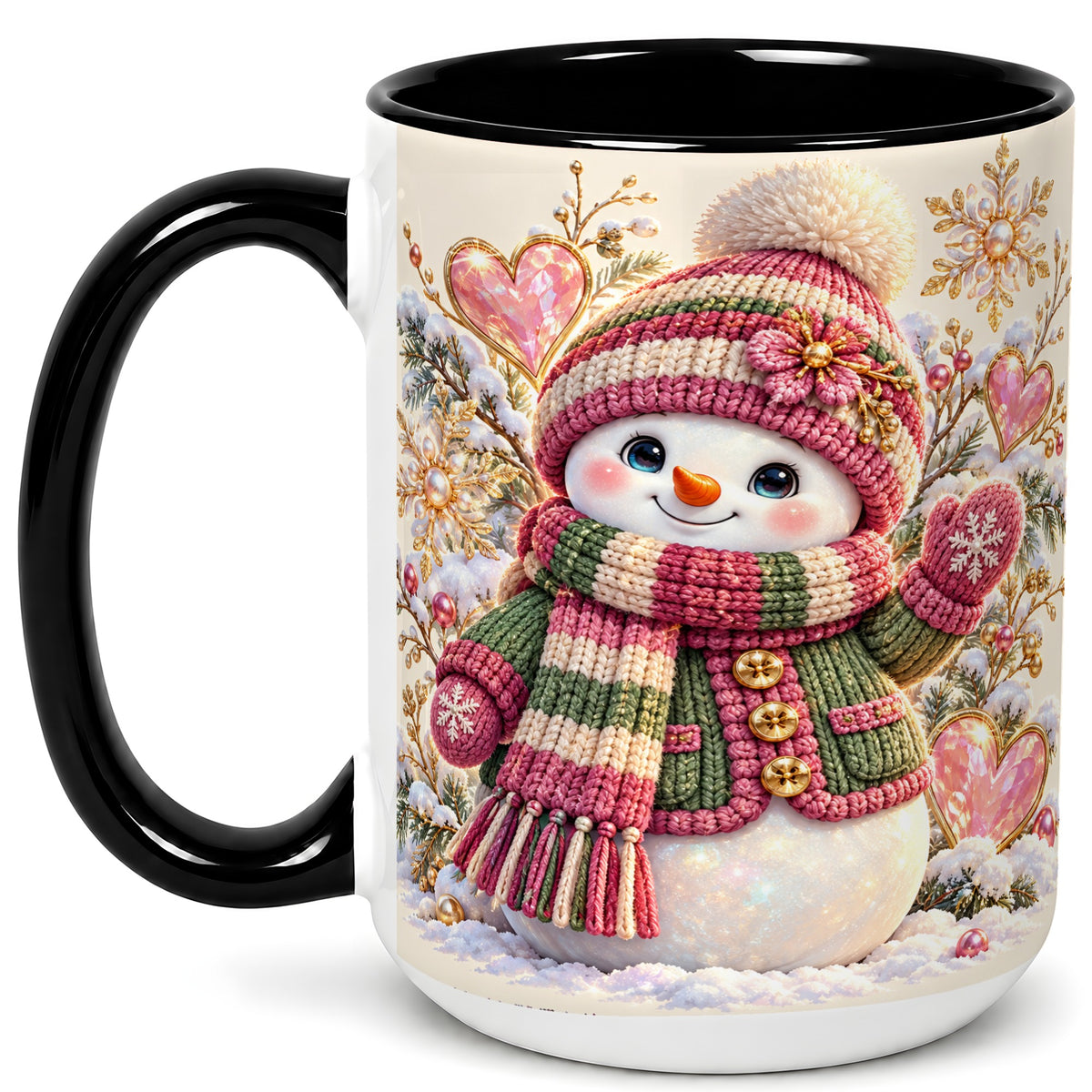 #pl[15oz|Black] Knitted Snowman Coffee Mug, Winter Heart Mug, Ceramic Cup