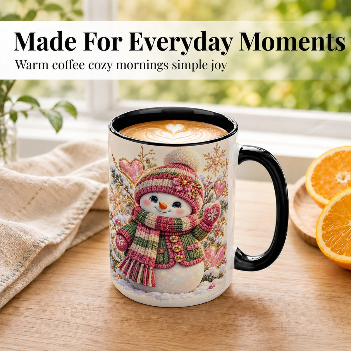 #pl[15oz|Black] Knitted Snowman Coffee Mug, Winter Heart Mug, Ceramic Cup