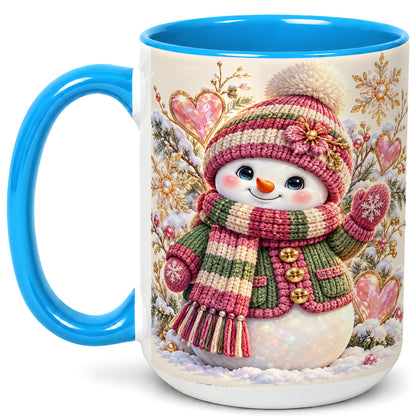 #pl[15oz|Blue] Knitted Snowman Coffee Mug, Winter Heart Mug, Ceramic Cup