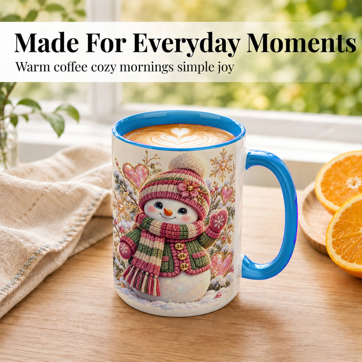 #pl[15oz|Blue] Knitted Snowman Coffee Mug, Winter Heart Mug, Ceramic Cup