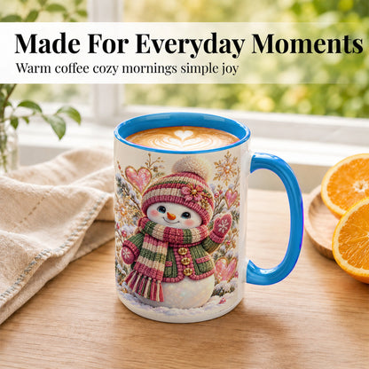 #pl[15oz|Blue] Knitted Snowman Coffee Mug, Winter Heart Mug, Ceramic Cup