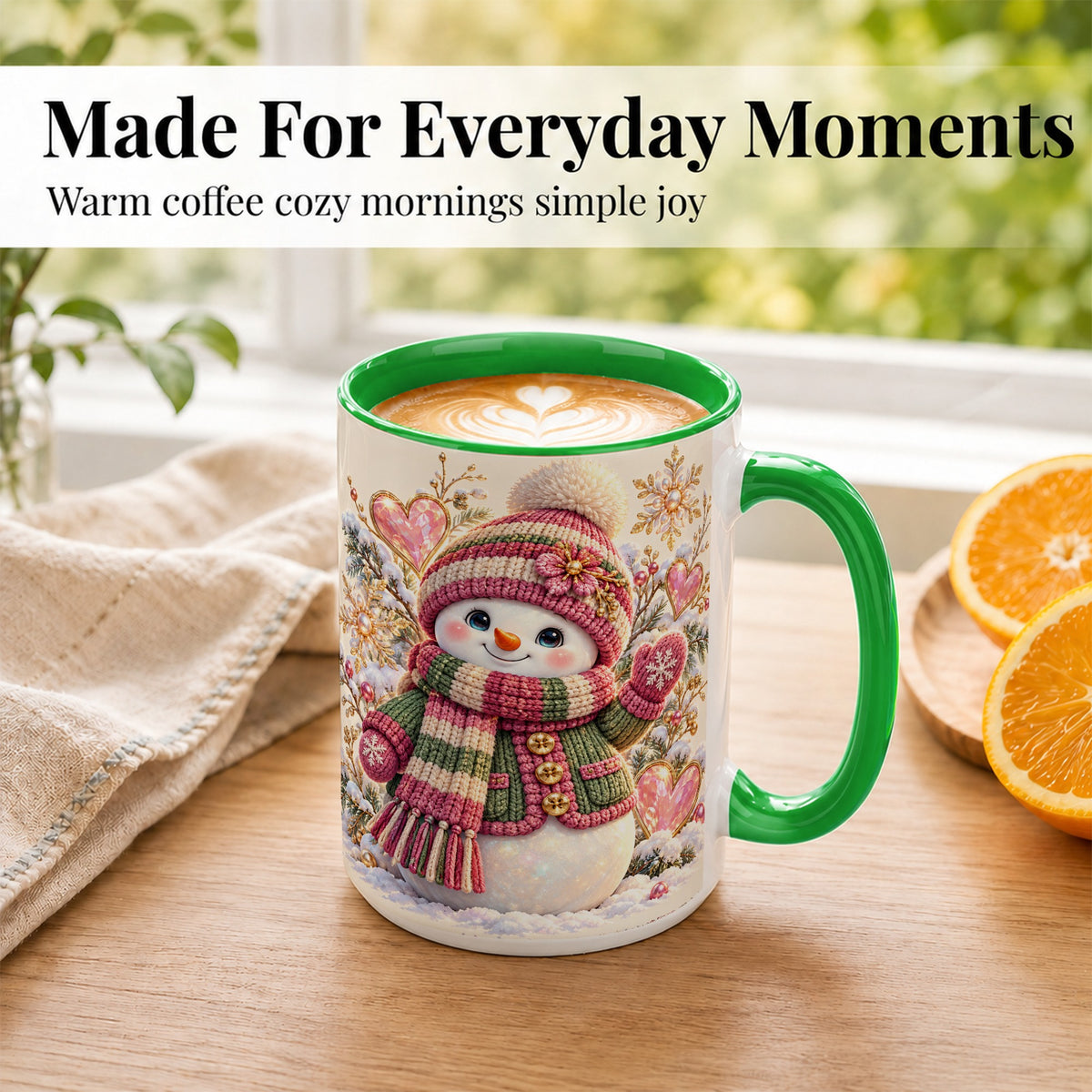 #pl[15oz|Green] Knitted Snowman Coffee Mug, Winter Heart Mug, Ceramic Cup