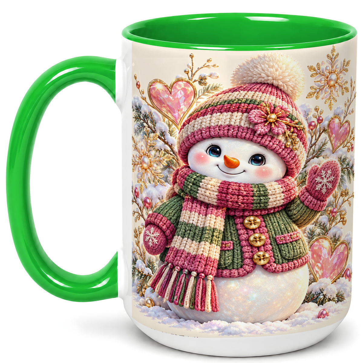 #pl[15oz|Green] Knitted Snowman Coffee Mug, Winter Heart Mug, Ceramic Cup