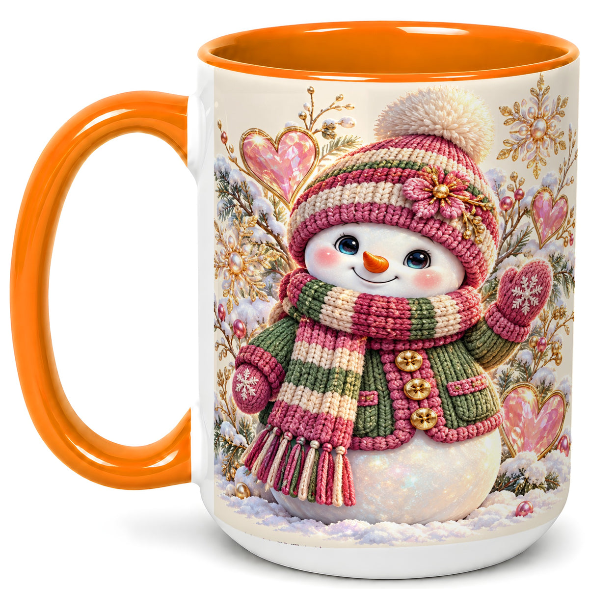 #pl[15oz|Orange] Knitted Snowman Coffee Mug, Winter Heart Mug, Ceramic Cup