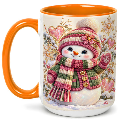 #pl[15oz|Orange] Knitted Snowman Coffee Mug, Winter Heart Mug, Ceramic Cup