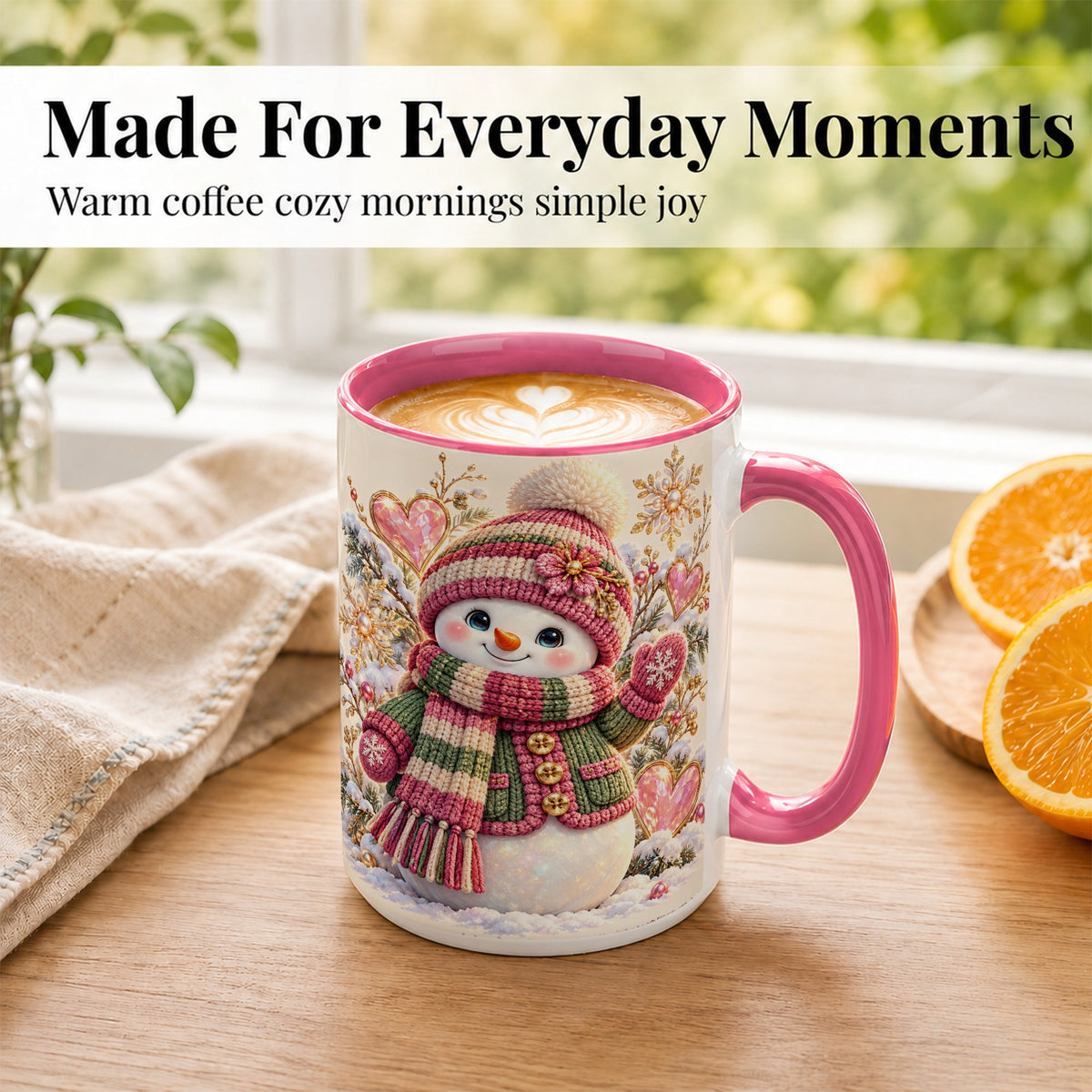 #pl[15oz|Pink] Knitted Snowman Coffee Mug, Winter Heart Mug, Ceramic Cup