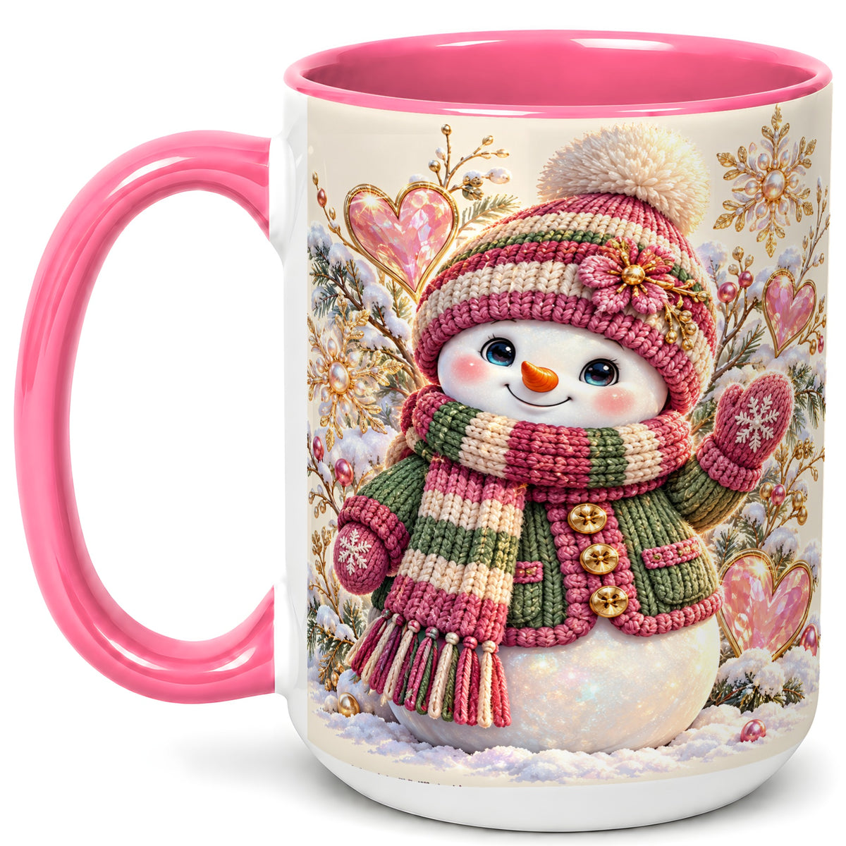 #pl[15oz|Pink] Knitted Snowman Coffee Mug, Winter Heart Mug, Ceramic Cup