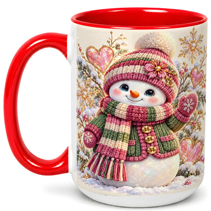 #pl[15oz|Red] Knitted Snowman Coffee Mug, Winter Heart Mug, Ceramic Cup