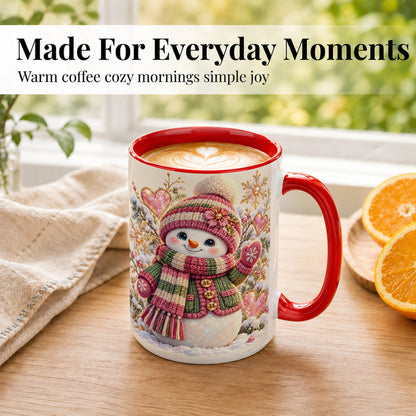 #pl[15oz|Red] Knitted Snowman Coffee Mug, Winter Heart Mug, Ceramic Cup