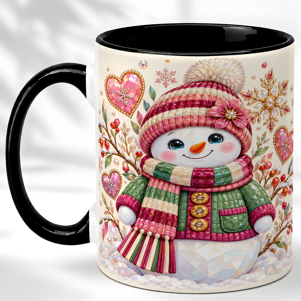 #pl[11oz|Black] Faceted Snowman Coffee Mug, Winter Heart Mug, Ceramic Cup
