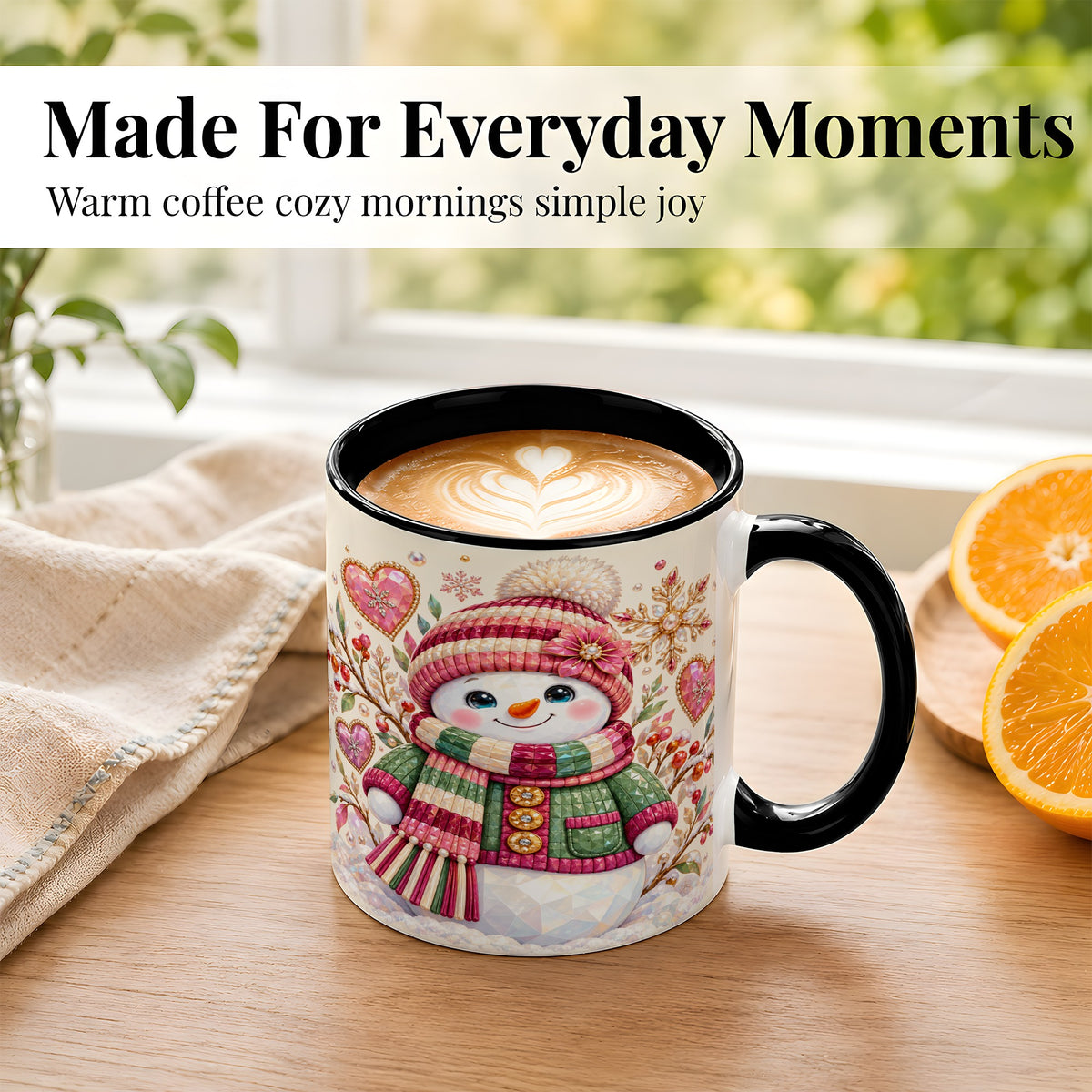#pl[11oz|Black] Faceted Snowman Coffee Mug, Winter Heart Mug, Ceramic Cup