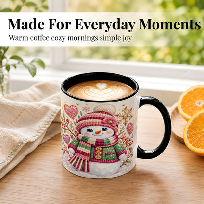 #pl[11oz|Black] Faceted Snowman Coffee Mug, Winter Heart Mug, Ceramic Cup