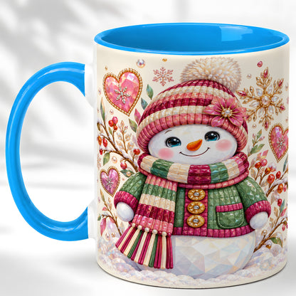 #pl[11oz|Blue] Faceted Snowman Coffee Mug, Winter Heart Mug, Ceramic Cup