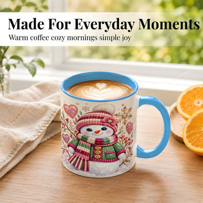 #pl[11oz|Blue] Faceted Snowman Coffee Mug, Winter Heart Mug, Ceramic Cup