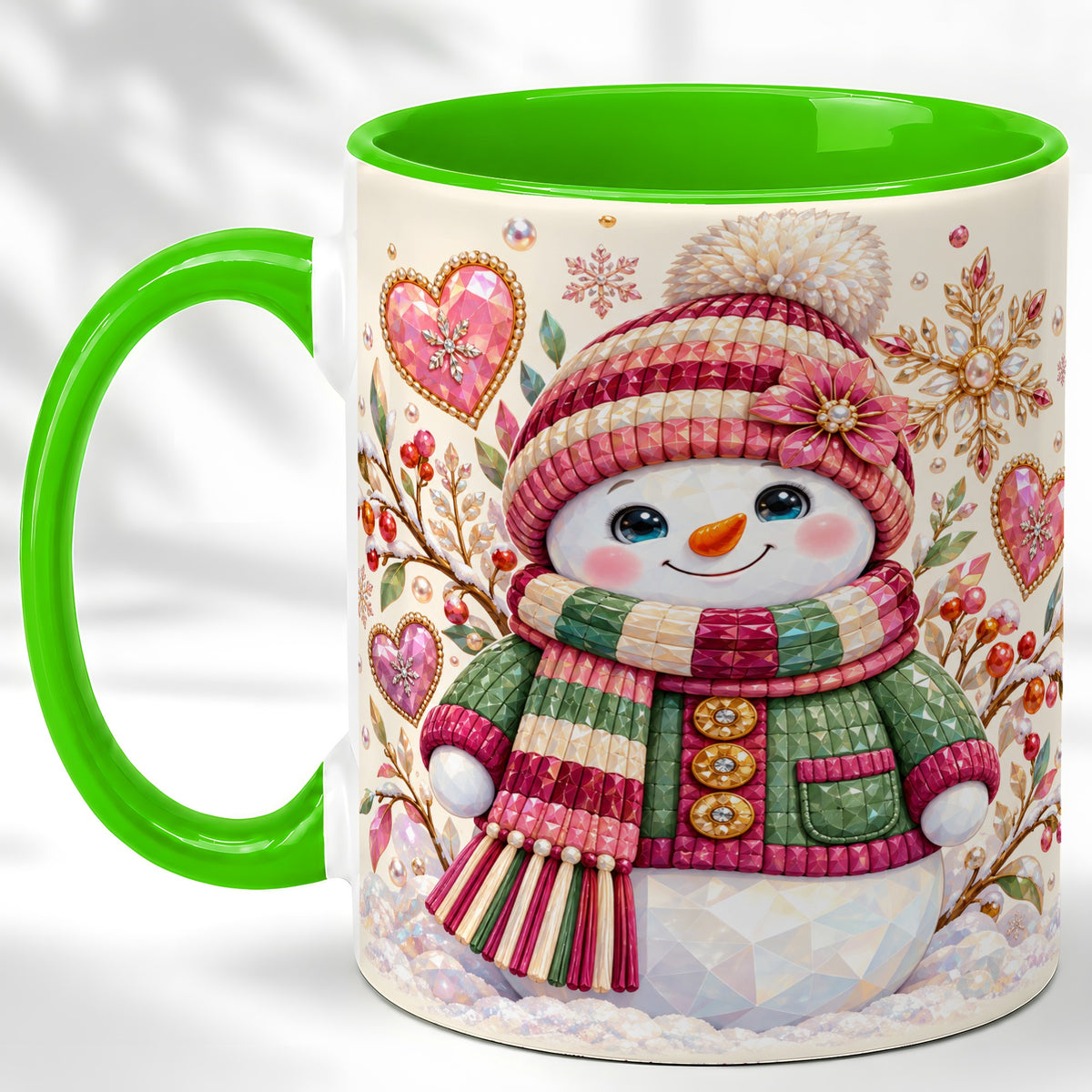 #pl[11oz|Green] Faceted Snowman Coffee Mug, Winter Heart Mug, Ceramic Cup