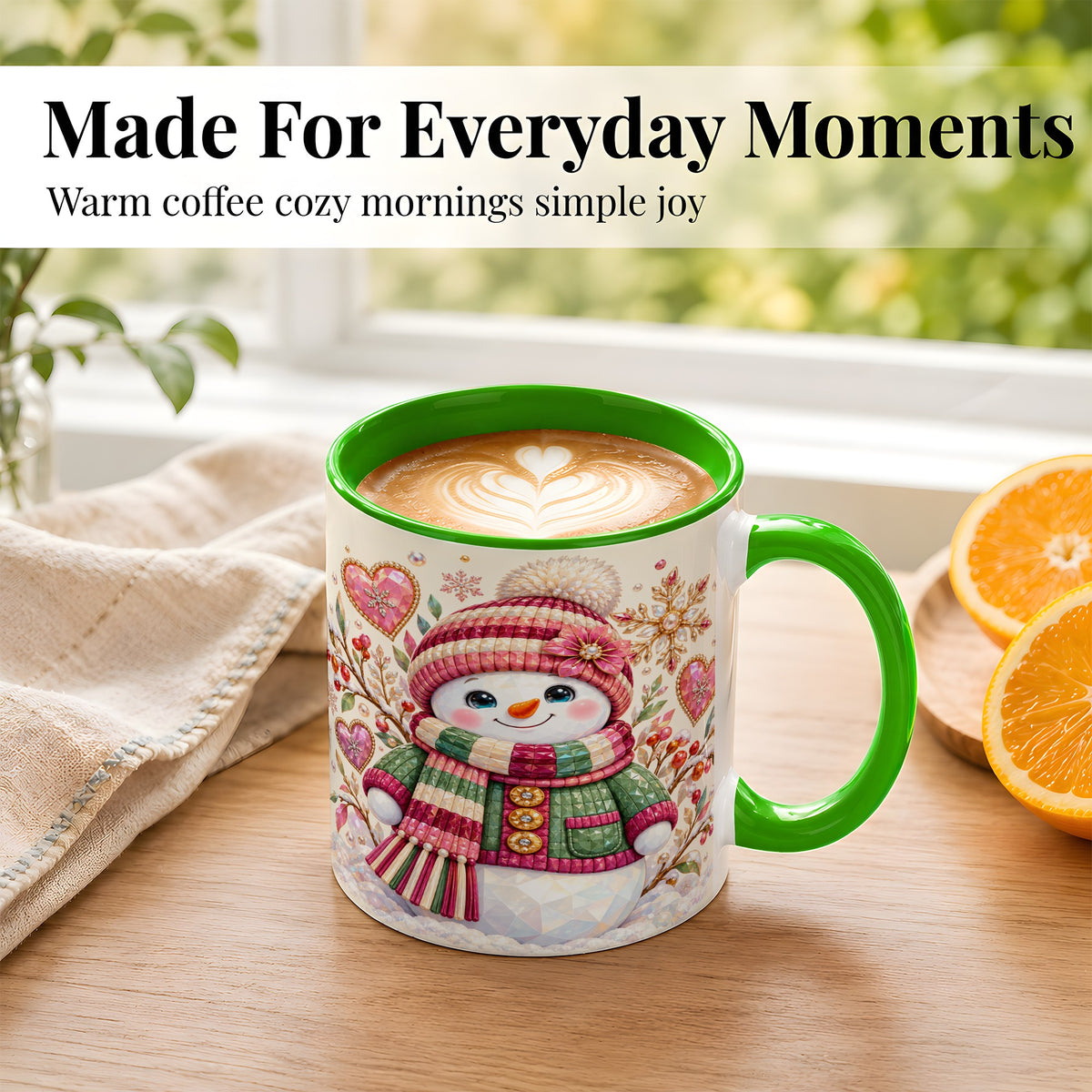 #pl[11oz|Green] Faceted Snowman Coffee Mug, Winter Heart Mug, Ceramic Cup