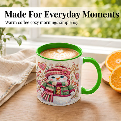 #pl[11oz|Green] Faceted Snowman Coffee Mug, Winter Heart Mug, Ceramic Cup