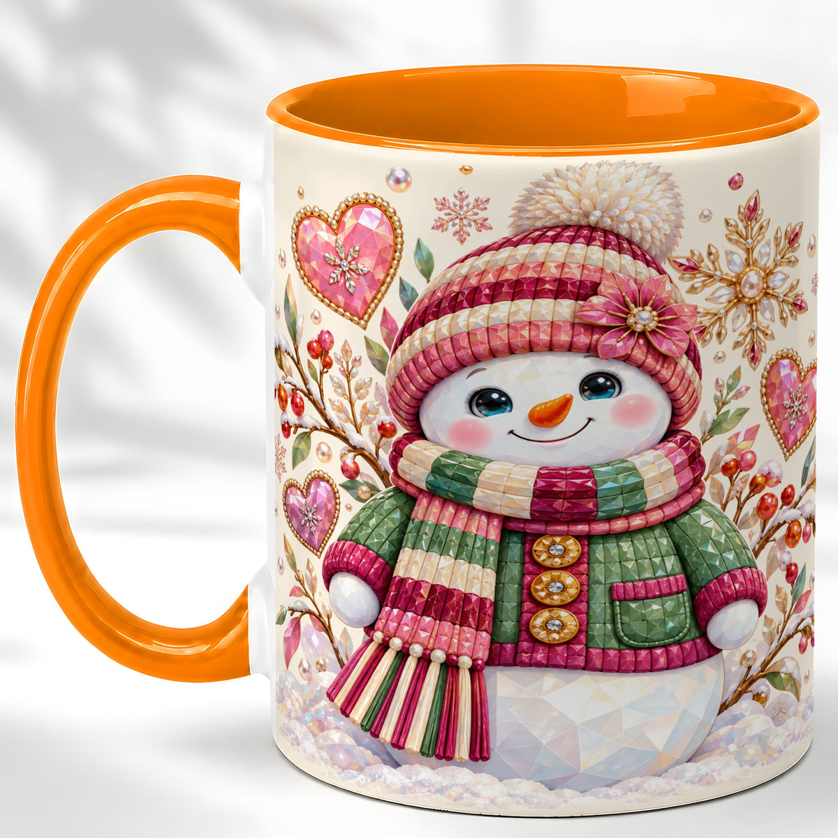 #pl[11oz|Orange] Faceted Snowman Coffee Mug, Winter Heart Mug, Ceramic Cup
