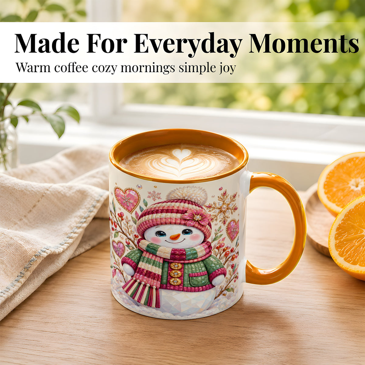 #pl[11oz|Orange] Faceted Snowman Coffee Mug, Winter Heart Mug, Ceramic Cup