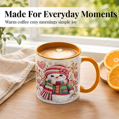 #pl[11oz|Orange] Faceted Snowman Coffee Mug, Winter Heart Mug, Ceramic Cup
