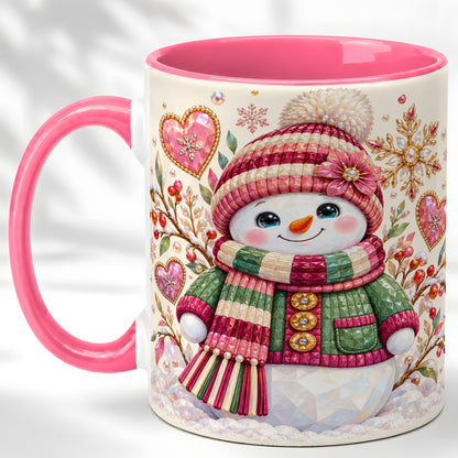 #pl[11oz|Pink] Faceted Snowman Coffee Mug, Winter Heart Mug, Ceramic Cup