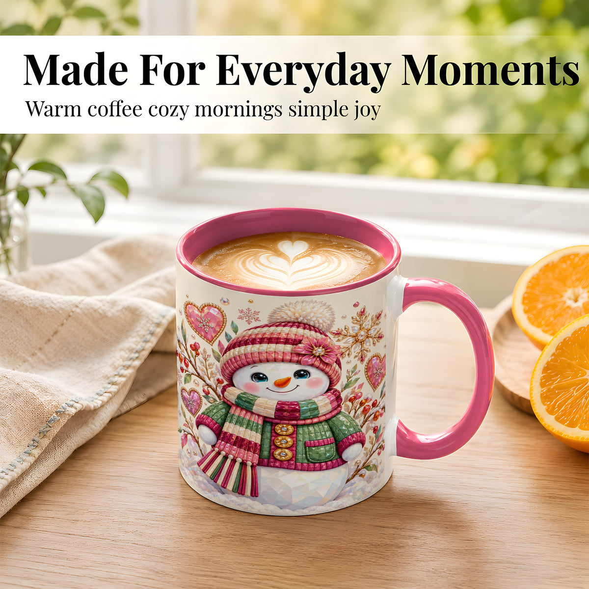 #pl[11oz|Pink] Faceted Snowman Coffee Mug, Winter Heart Mug, Ceramic Cup