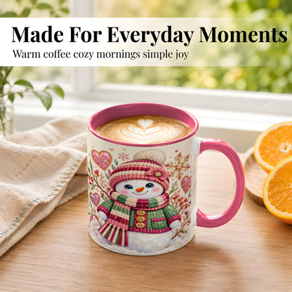 #pl[11oz|Pink] Faceted Snowman Coffee Mug, Winter Heart Mug, Ceramic Cup