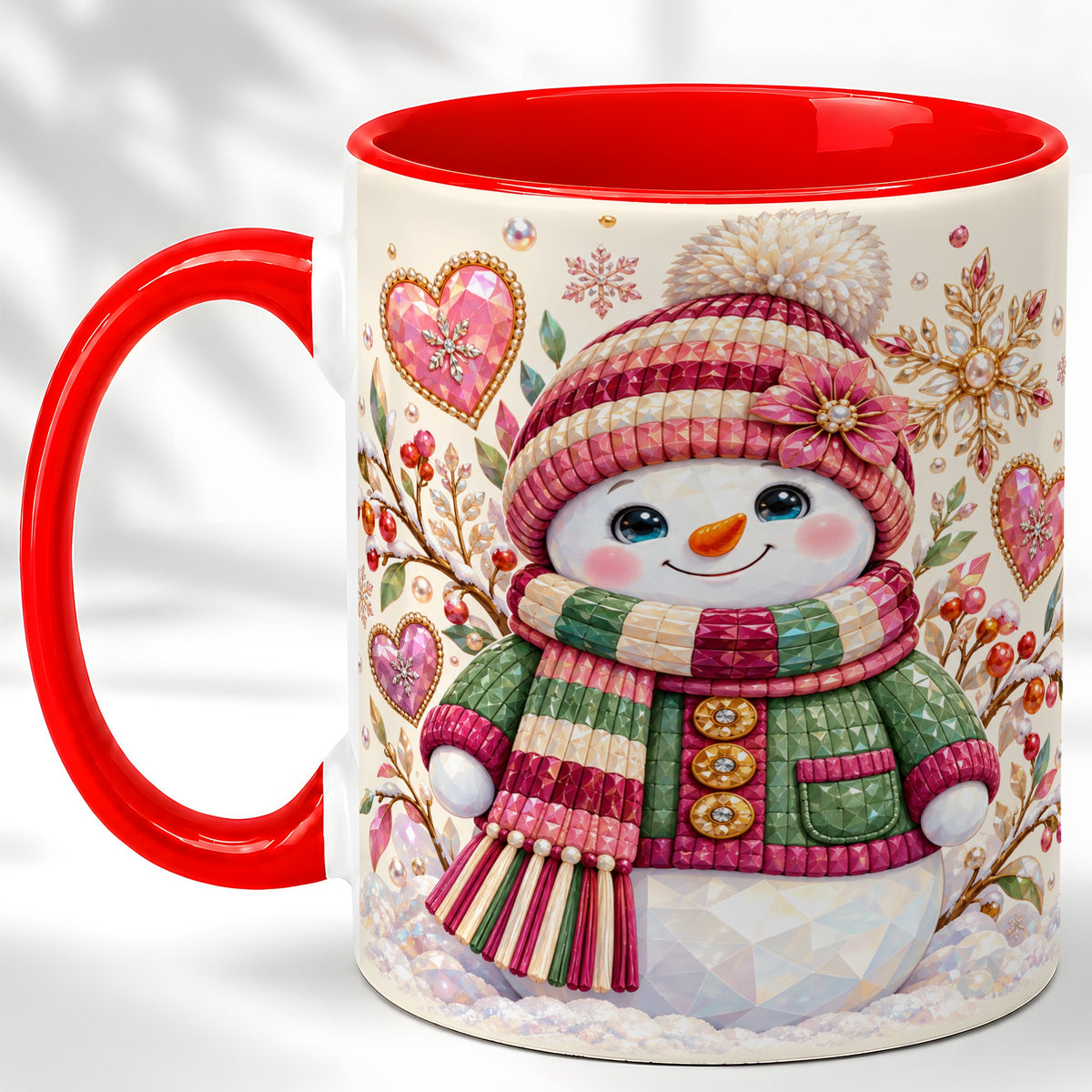Faceted Snowman Coffee Mug, Winter Heart Mug, Ceramic Cup