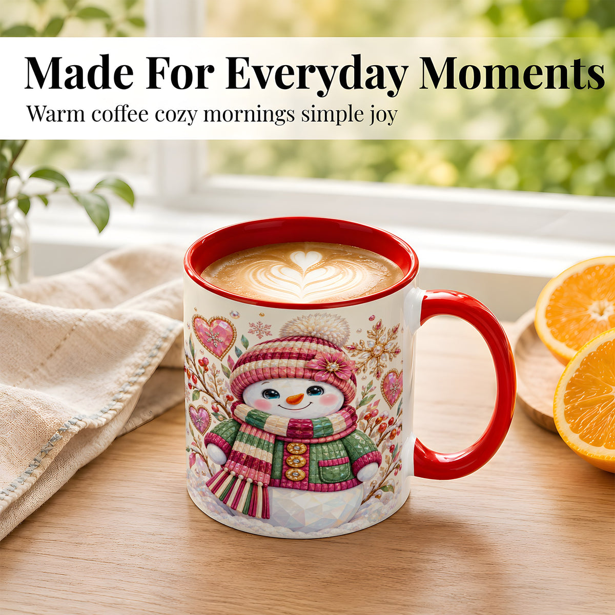 #pl[11oz|Red] Faceted Snowman Coffee Mug, Winter Heart Mug, Ceramic Cup