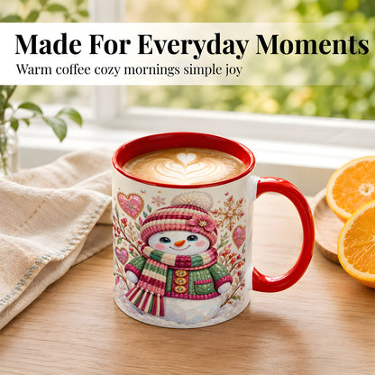 #pl[11oz|Red] Faceted Snowman Coffee Mug, Winter Heart Mug, Ceramic Cup