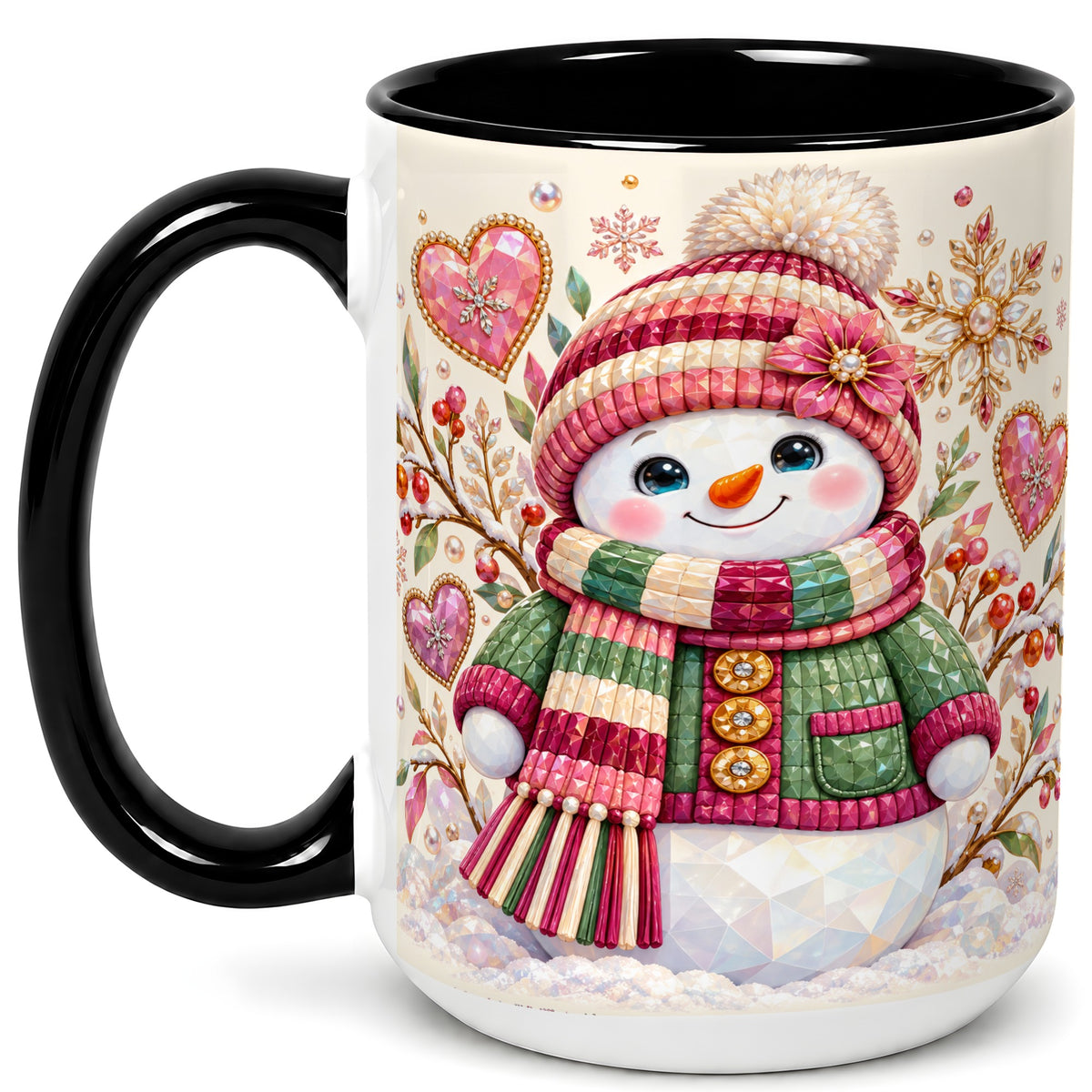 #pl[15oz|Black] Faceted Snowman Coffee Mug, Winter Heart Mug, Ceramic Cup