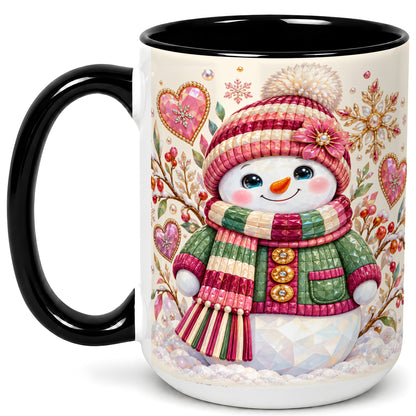 #pl[15oz|Black] Faceted Snowman Coffee Mug, Winter Heart Mug, Ceramic Cup
