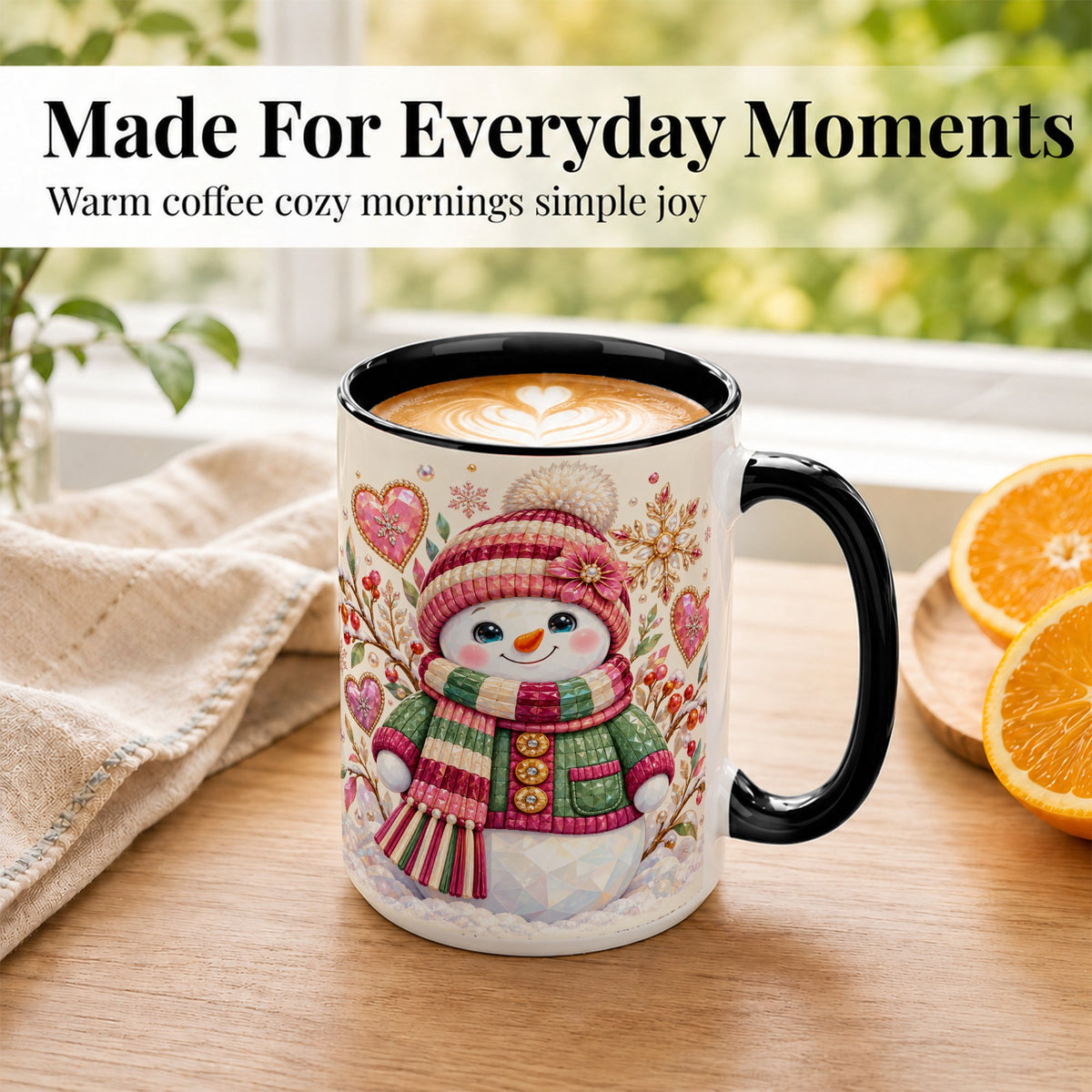 #pl[15oz|Black] Faceted Snowman Coffee Mug, Winter Heart Mug, Ceramic Cup