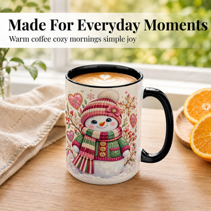 #pl[15oz|Black] Faceted Snowman Coffee Mug, Winter Heart Mug, Ceramic Cup
