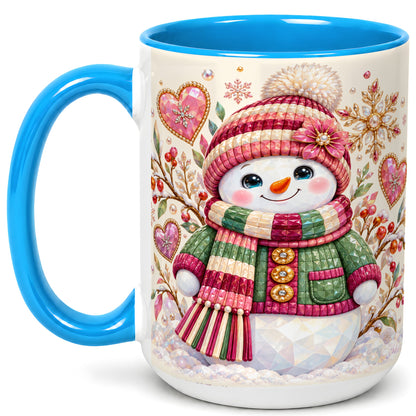 #pl[15oz|Blue] Faceted Snowman Coffee Mug, Winter Heart Mug, Ceramic Cup